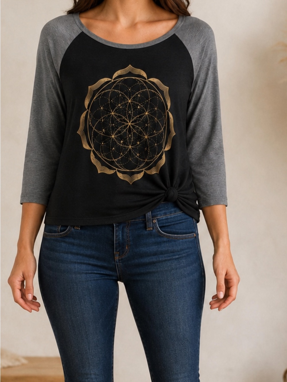 Black and Gray Raglan Long Sleeve Tee with Gold Mandala
